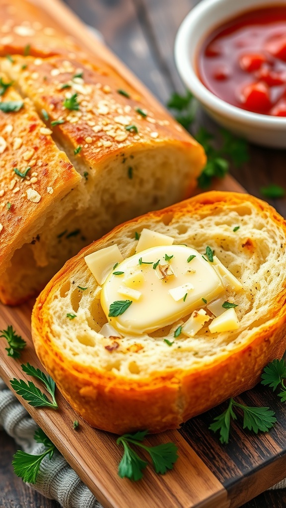 A freshly baked garlic bread loaf, golden and crispy on the outside, with sprigs of parsley and a bowl of marinara sauce on a wooden board.